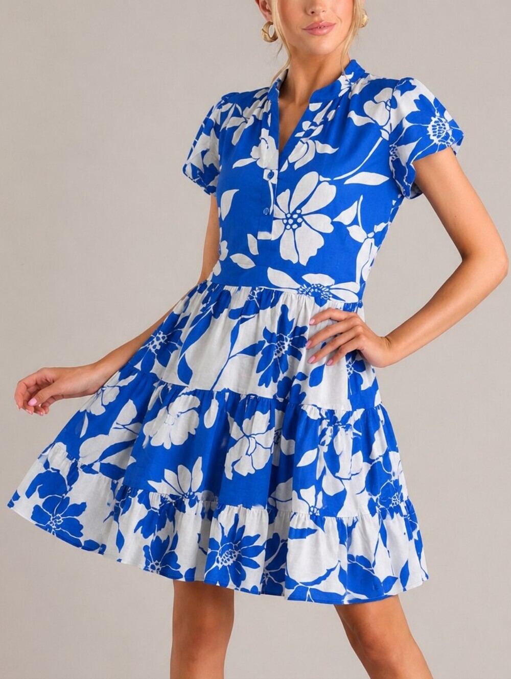 Taylor Blue White Floral Puff Sleeve Mini Dress Size 8